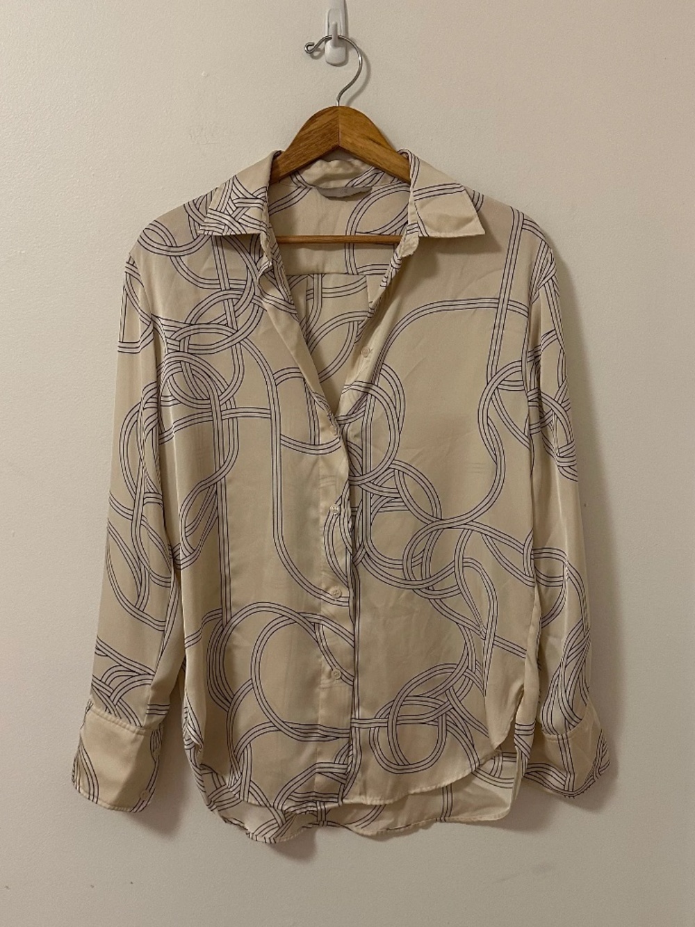 H&M Satin Button Down Blouse in Cream with Black Print